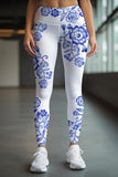 Flowerful Lucy White Blue Floral Printed Leggings Yoga Pants - Women