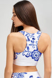 Flowerful Starla White Blue Floral Padded Crop Top Sports Bra - Women