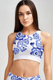 Flowerful Starla White Blue Floral Padded Crop Top Sports Bra - Women