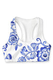 Flowerful Stella White Blue Seamless Racerback Sport Yoga Bra - Women