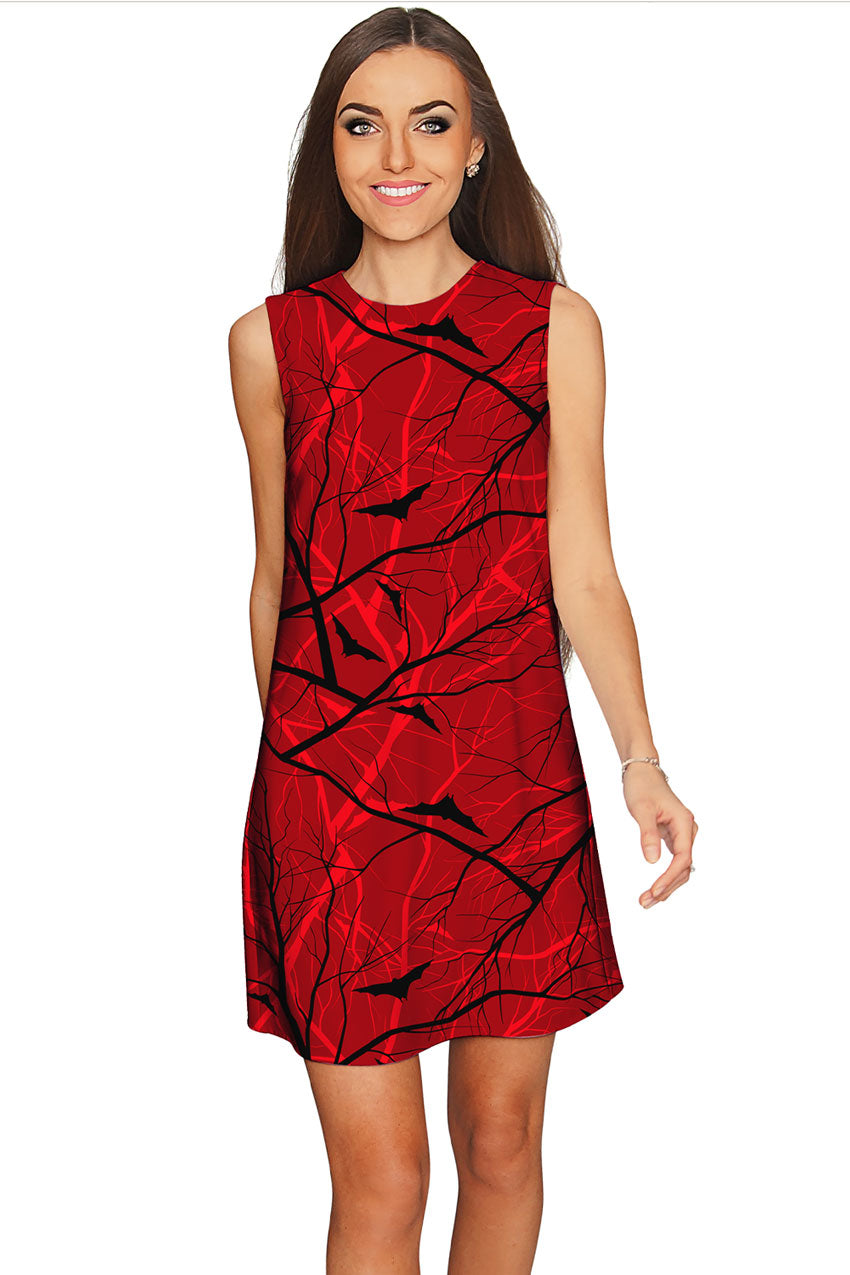 Full Moon Adele Red Goth Fall Bat Print Halloween Shift Dress - Women - Pineapple Clothing