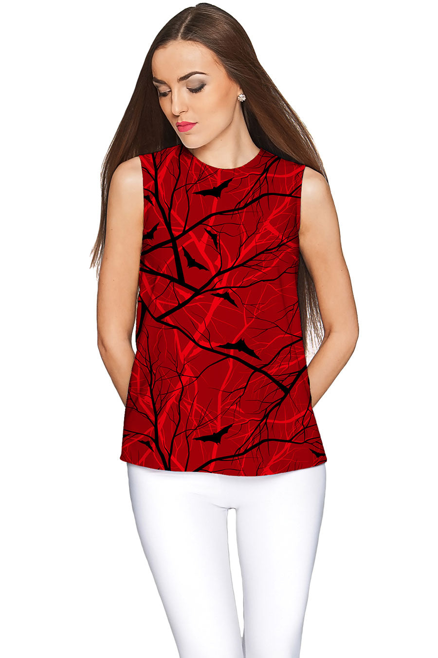 Full Moon Emily Red Fall Bat Printed Halloween Sleeveless Top - Women - Pineapple Clothing
