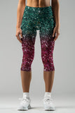 Glitzy Tinsel Ellie Green Glitter Printed Yoga Capri Leggings - Women