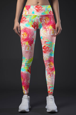 Women Legging With Pockets - Silver Pink Floral Print