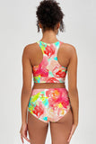 Good Idea Carly Pink Green Flower High Neck Crop Bikini Top - Women
