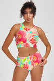 Good Idea Carly Pink Green Flower High Neck Crop Bikini Top - Women