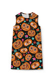 Halloweird Adele Orange Black Pumpkin Skull Print Shift Dress - Girls