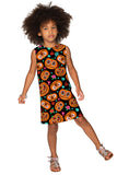 Halloweird Adele Orange Black Pumpkin Skull Print Shift Dress - Girls - Pineapple Clothing