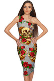 Hardy Gal Layla Beige Red Skull Rose Print Bodycon Midi Dress - Women - Pineapple Clothing