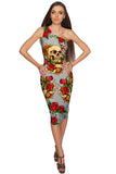 Hardy Gal Layla Beige Red Skull Rose Print Bodycon Midi Dress - Women - Pineapple Clothing