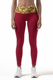 Haute Maroon Lucy Red Gold Glitter Print Leggings Yoga Pants - Women