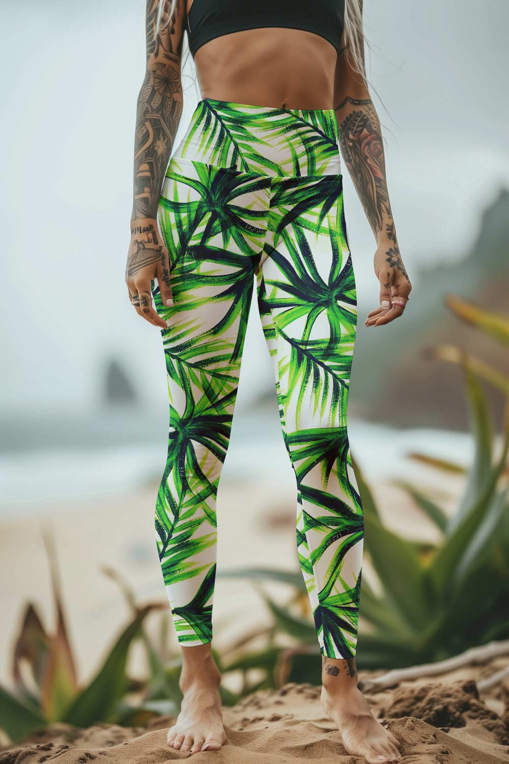 WL1 P0100B Island Life Lucy Green Tropical Palm Leaf Print Hawaiian Tummy Control Workout High Waisted Leggings Colorful Summer Yoga Pants Women Activewear Xs