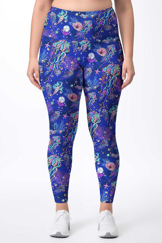 Santorini Lucy White Blue Floral Print Leggings Yoga Pants - Women