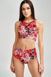 La Fleur Carly Red Floral Printed High Neck Crop Bikini Top - Women