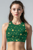 Luxe-Berry Green Starla Star Print Padded Crop Top Sports Bra - Women