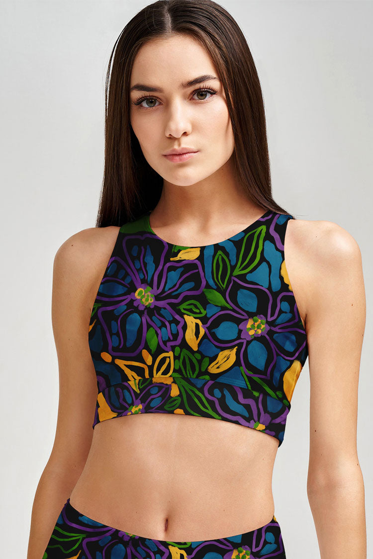 Mauritius Starla Blue Floral Print Padded Crop Top Sports Bra - Women - Pineapple Clothing