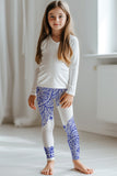 Nirvana Lucy White Blue Geometric Boho Print Trendy Leggings - Kids