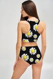 Oopsy Daisy Carly Black Floral Print High Neck Crop Bikini Top - Women