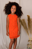 Bright Neon Orange Stretchy Lace Shift Summer Dress - Girls