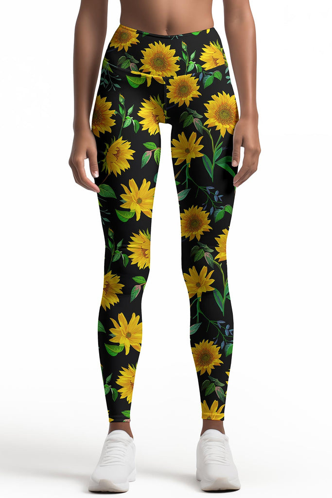 Yellow Floral Leggings, Flowers Printed Leggings, Activewear