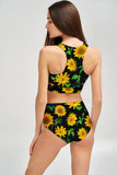 Sunnyflower Carly Black Yellow Print High Neck Crop Bikini Top - Women