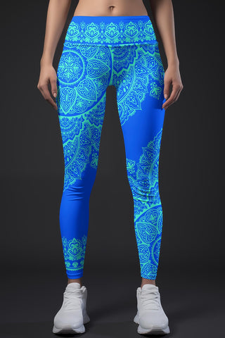 Nirvana Lucy White Blue Geometric Boho Leggings Yoga Pants