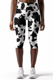 Te Amo MOO-cho Ellie White Black Cow Print Yoga Capri Leggings - Women