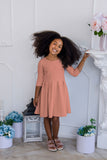 Terracotta Rose Skater Flowy 3/4 Sleeve Easter Party Dress - Girls