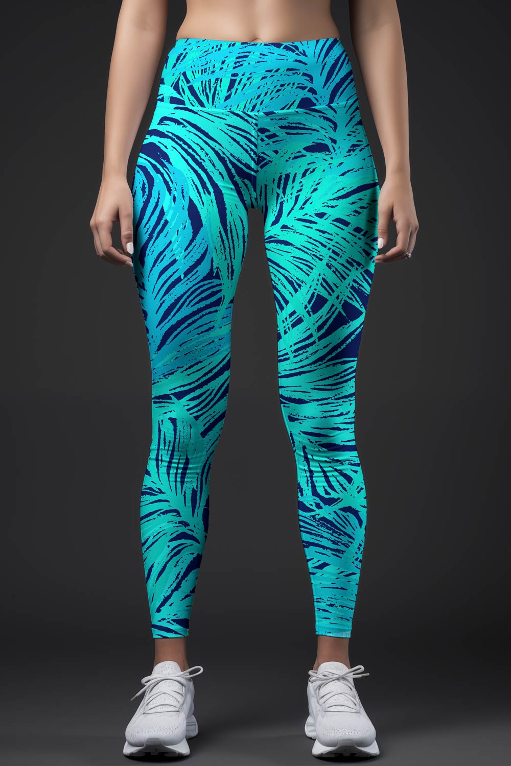 WL1 P0019B Tropical Dream Lucy Blue Green Palm Leaf Print Hawaiian Aloha Sporty High Waist Leggings Summer Yoga Pants Colorful Gym Tights Women Activewear S