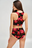 True Passion Carly Black Red Floral High Neck Crop Bikini Top - Women