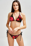 True Passion Lara Black Red Floral Triangle String Bikini Top - Women