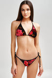 True Passion Lara Black Red Floral Triangle String Bikini Top - Women