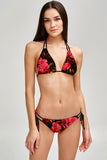 True Passion Sara Black Red Floral Strappy Triangle Bikini Top - Women