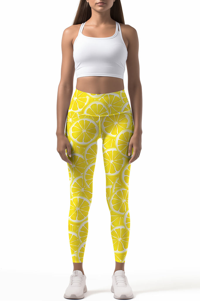 Lemon Tropic Fruits Printed Yoga Leggings for Women High Waist