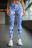 Santorini Lucy White Blue Floral Print Leggings Yoga Pants - Women