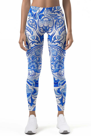 Nirvana Lucy White Blue Geometric Boho Leggings Yoga Pants - Women