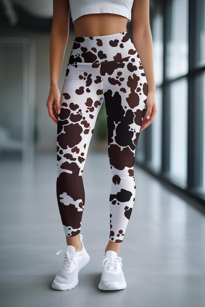 White Brown Cow Swimsuit, Cow Print Farm Animal Print Women's Sports Yoga  Bra - Made in USA/ EU