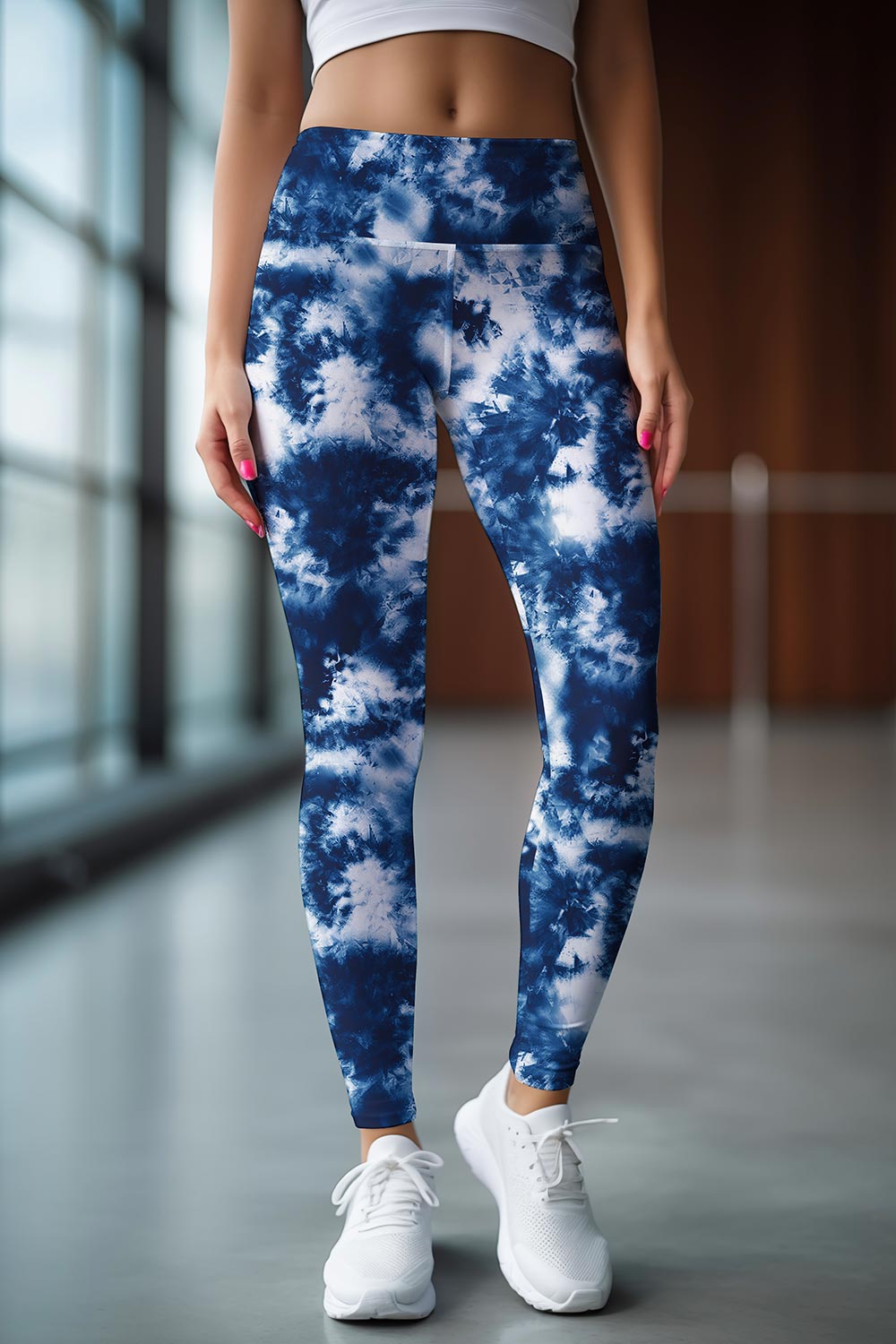 WL1 P0827 Waterfall Lucy Navy Blue Sea Tie Dye Print Tummy Control Athletic High Waisted Leggings Soft Yoga Pants Summer Running Tights Women Casual Wear Xl