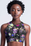 beWITCHing Starla Black Goth Skull Printed Crop Top Sports Bra - Women