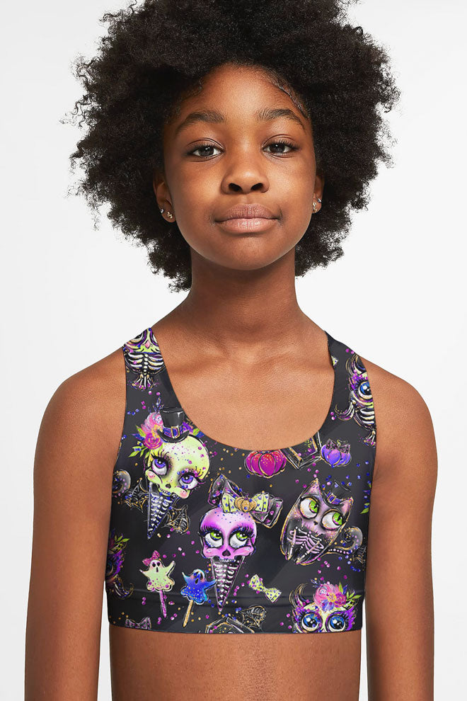 beWITCHing Stella Black Goth Skull Printed Sports Bra Crop Top - Kids - Pineapple Clothing