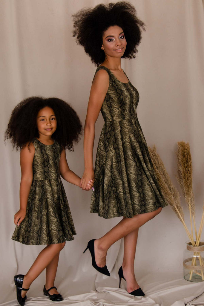 Sage Green Animal Print Skater Fit & Flare Mommy and Me Dress