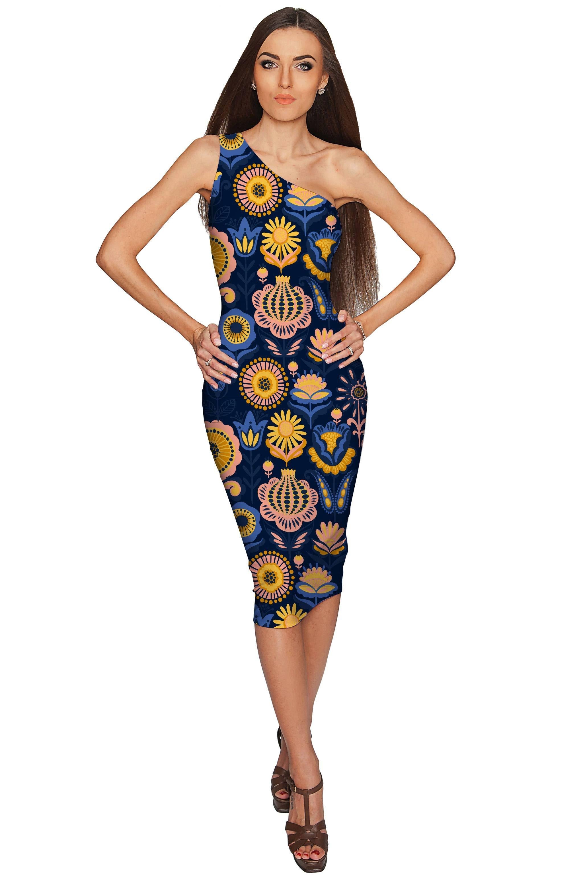 Bella Luna Layla Blue Floral One-Shoulder Bodycon Midi Dress - Women - Pineapple Clothing