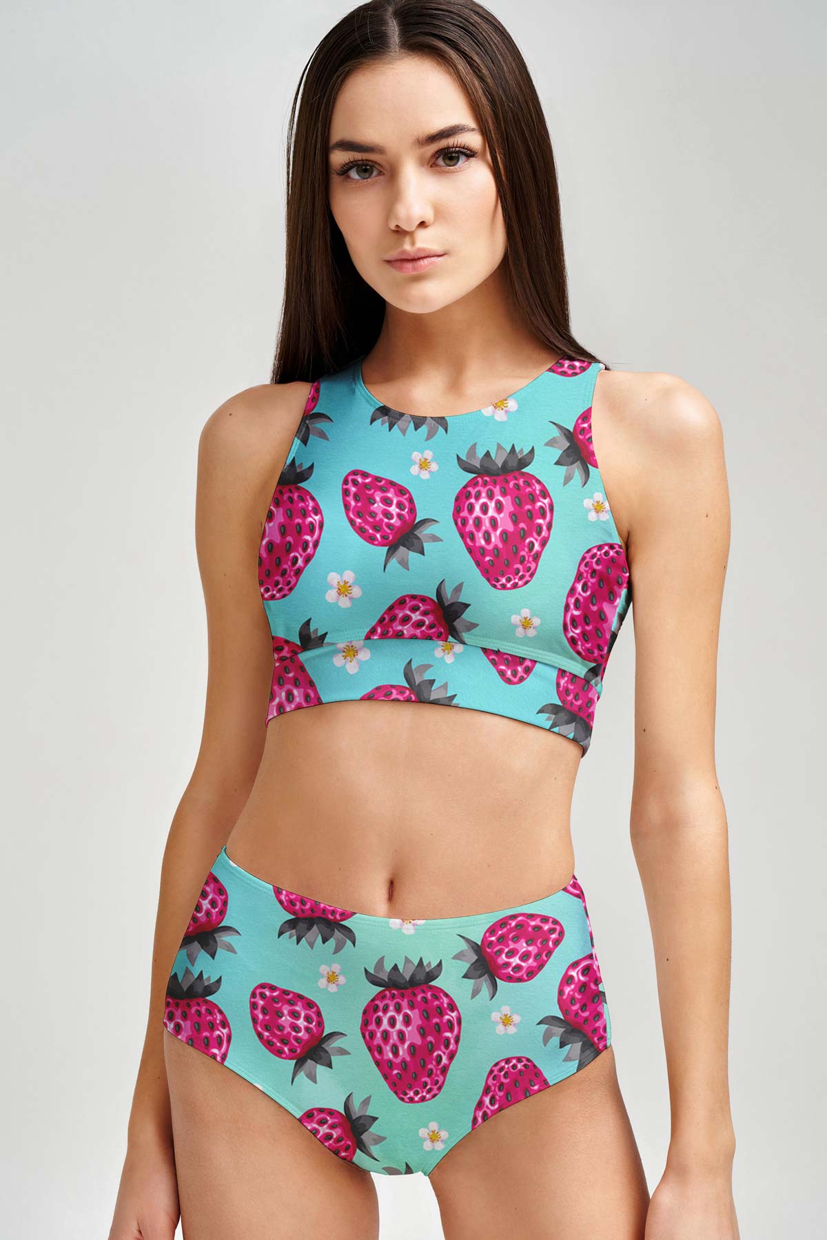 Berry Cute Carly Blue & Pink High Neck Crop Bikini Top - Women - Pineapple Clothing