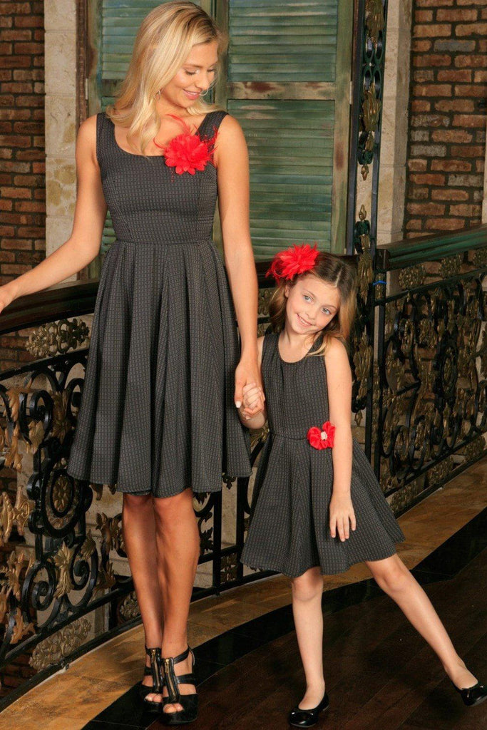 Black Grey Sleeveless Skater Fit and Flare Party Mother Daughter Dress