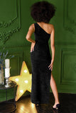 Black Velvet Jacquard One-Shoulder Bodycon Maxi Dress with Slit- Women - Pineapple Clothing