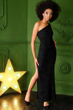 Black Velvet Jacquard One-Shoulder Bodycon Maxi Dress with Slit- Women - Pineapple Clothing