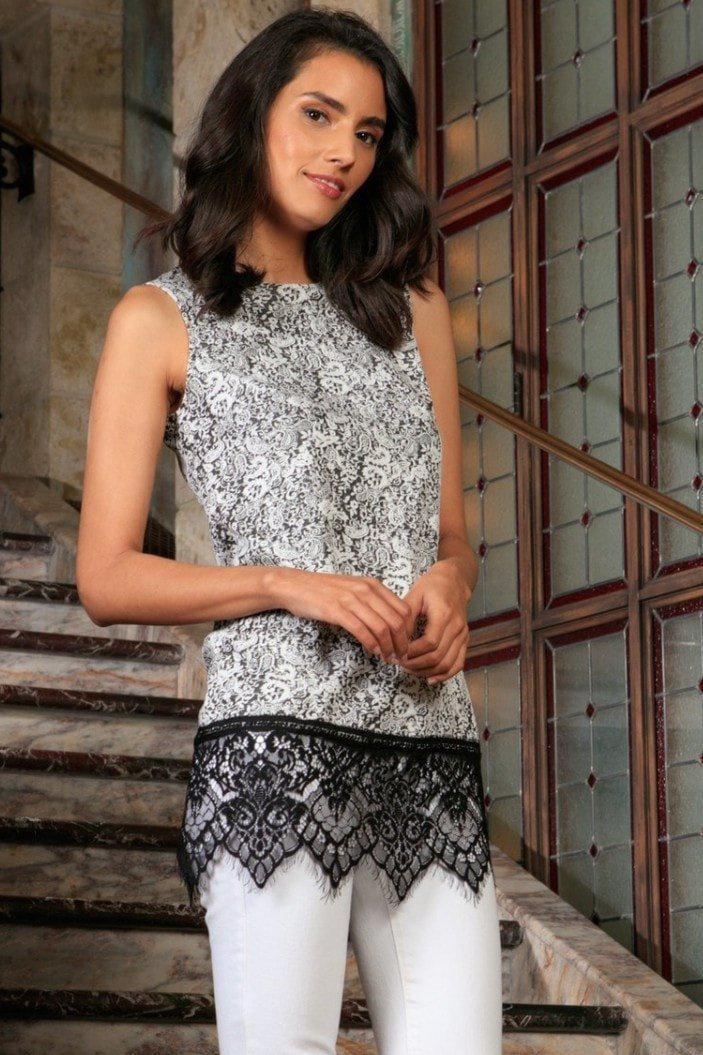 Black White Stretchy Sleeveless Trendy Dressy Top With Lace - Women - Pineapple Clothing