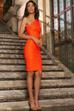 Bright Neon Orange Stretchy Lace One-Shoulder Midi Dress - Women - Pineapple Clothing