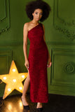 Burgundy Velvet Jacquard One-Shoulder Bodycon Maxi Slit Dress - Women - Pineapple Clothing