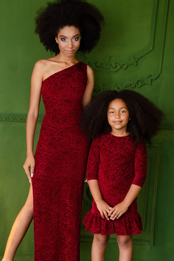 Burgundy Velvet Jacquard Holiday Dresses - Mommy & Me - Pineapple Clothing
